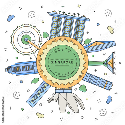 Round badge with Singaporean buildings