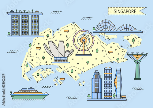 Fototapeta Singapore decorative map in flat line style