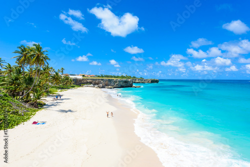 Fototapeta Naklejka Na Ścianę i Meble -  Bottom Bay, Barbados - Paradise beach on the Caribbean island of Barbados. Tropical coast with palms hanging over turquoise sea. Panoramic photo of beautiful landscape.