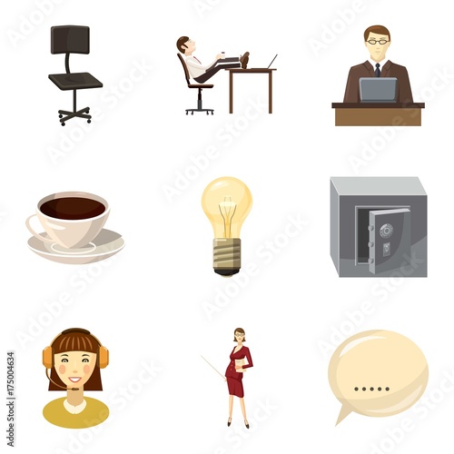 Sleep at work icons set, cartoon style