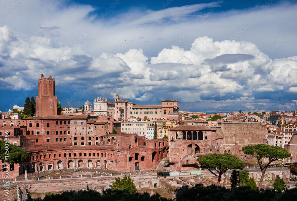 Trajan and Augustus Imperial Forum panoramic view in Rome