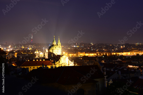 Night cityscape of Prague old town and St. Nicholas Church in Malá Strana district