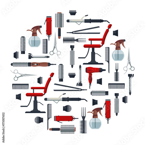 Set of hairdresser objects in flat style isolated on white background. Hair salon equipment and tools logo icons, hairdryer, comb, scissors, chair, hairclipper, curling, hair straightener