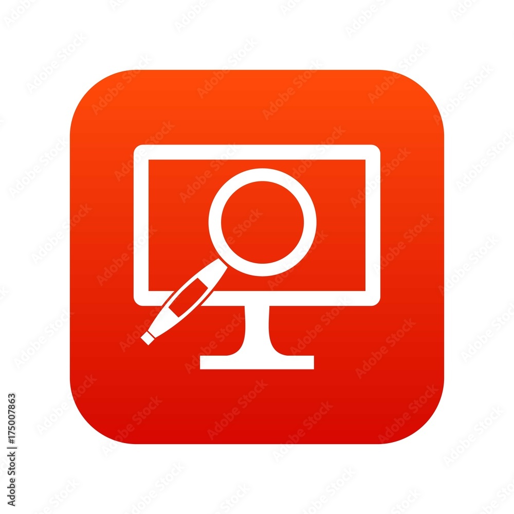 Computer monitor magnifying glass icon digital red Computer monitor magnifying glass icon digital red