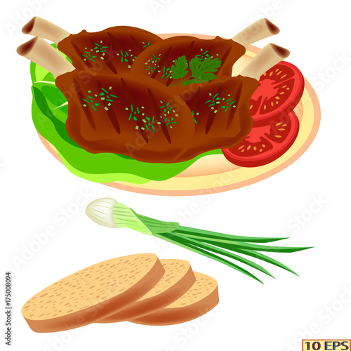 Fried cutlet on the bone. Meatballs and bread. The roasted steak on the plate isolated on white background. Meat rissoles, spices and green vegetables. Vector illustration 