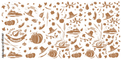 Thanksgiving and autumn pattern. Background consisting of repeating elements for the fall and Thanksgiving theme. Vector illustration