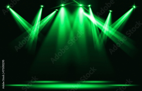 Stage lights. Several projectors in the dark. --- spotlight strike through the darkness
