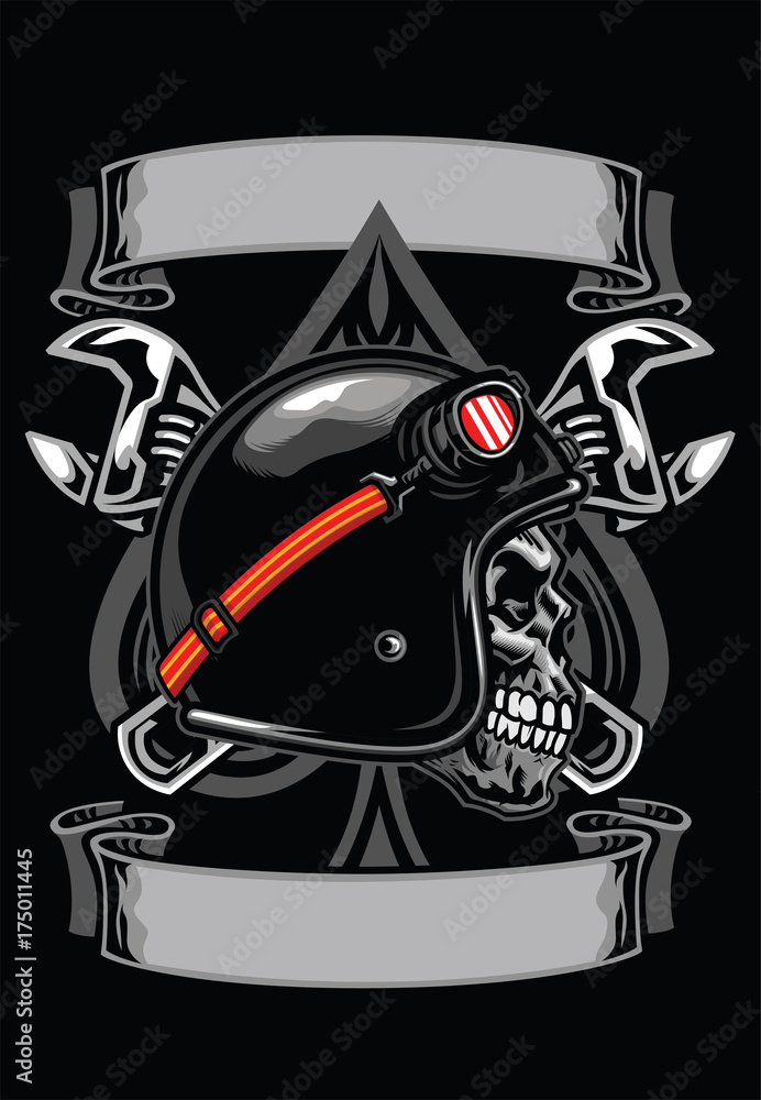 Fototapeta premium skull of biker with spade and crossed wrench