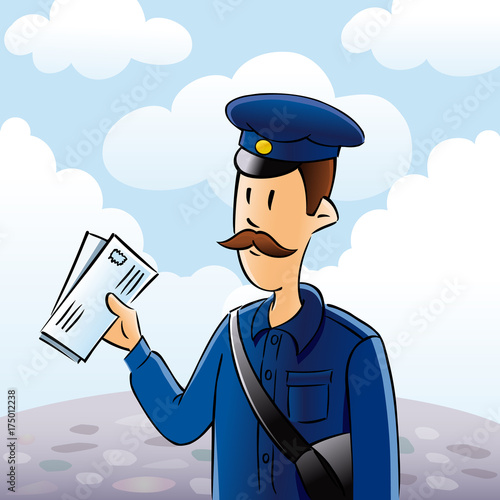 Postman Illustration delivering letter. Cartoon carrier with letters, mail delivery service. Simple style vector illustration