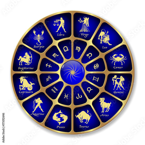 Blue neon horoscope circle.Circle with signs of zodiac.Vector