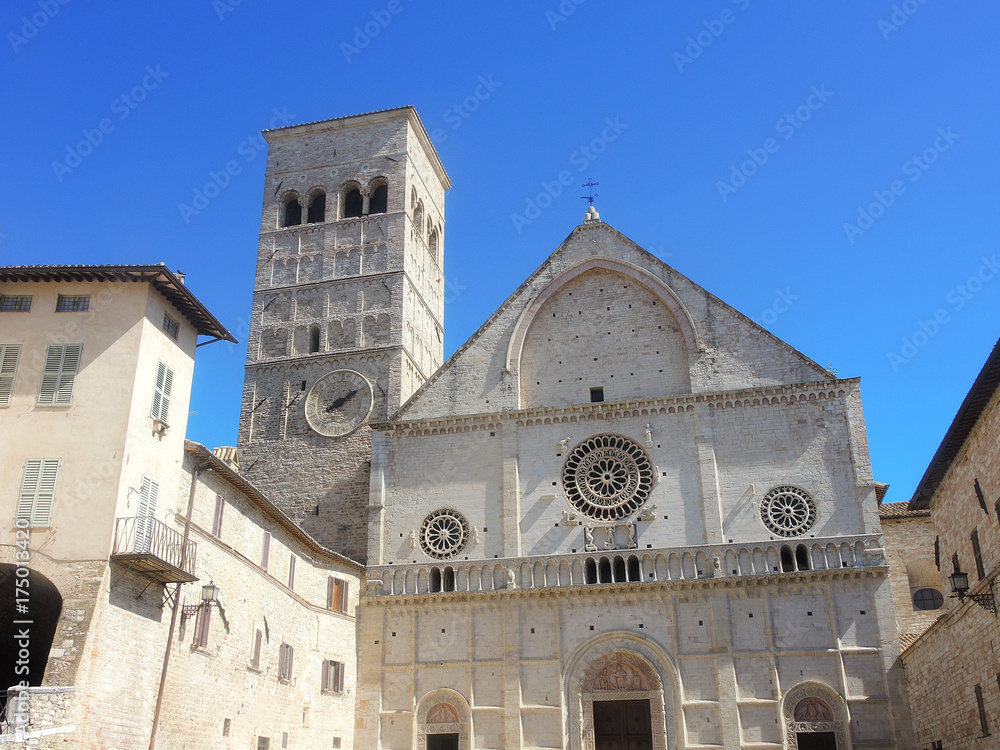 Assisi, Italy, one of the most beautiful small town in Italy. The facade of the cathedral of San Rufino