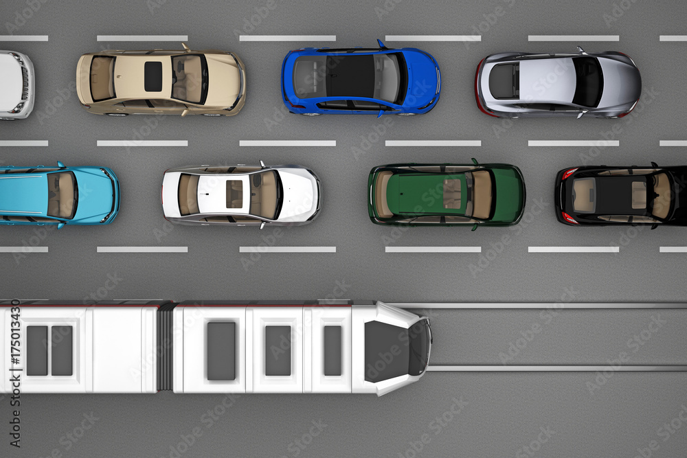 background of traffic of cars and train on rail from top view background of traffic of cars and train on rail from top view