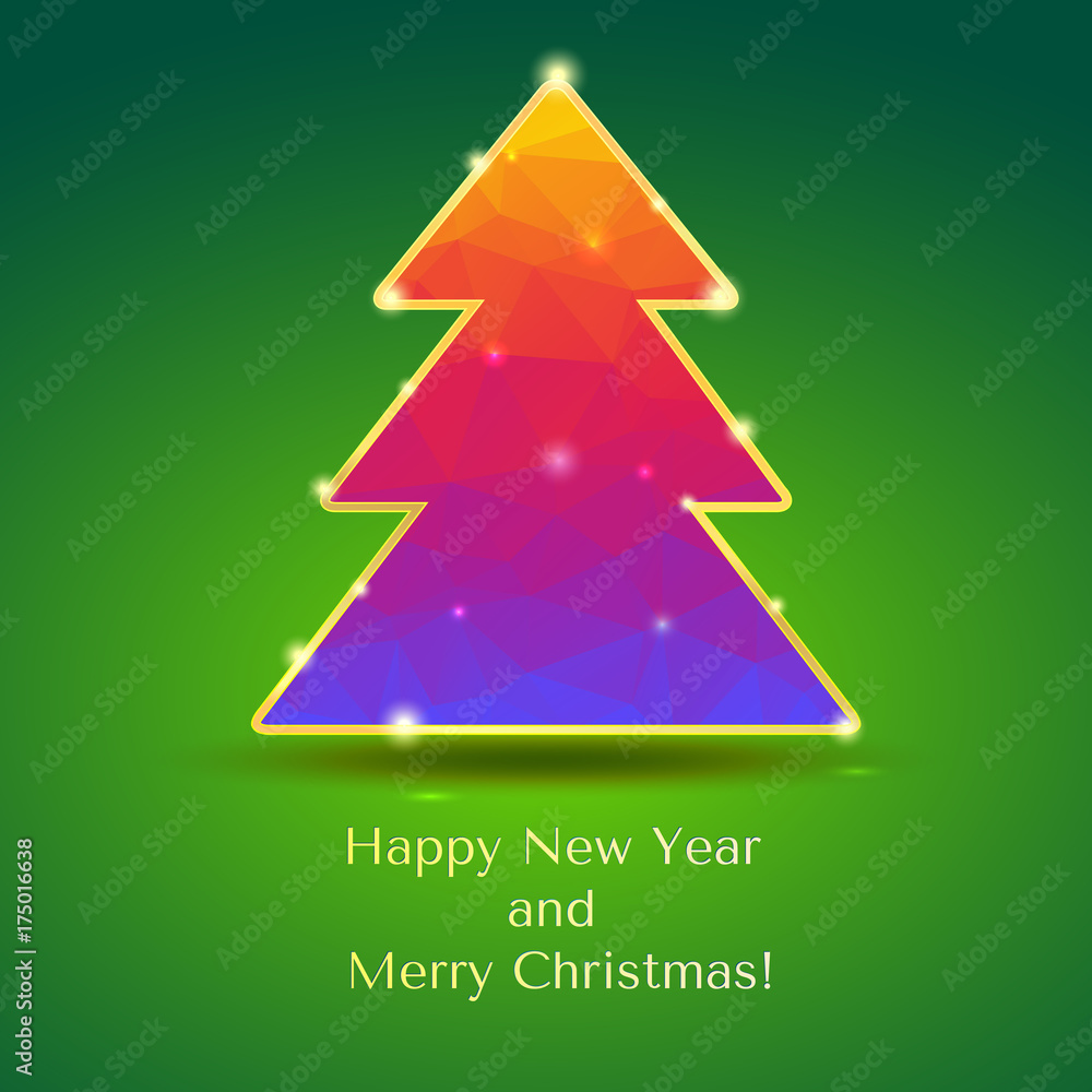 Christmas tree with glitter and flashes. New year tree from color triangles with gold trim on a green background with greeting text, 3D illustration. Christmas tree with glitter and flashes. New year tree from color triangles with gold trim on a green background with greeting text, 3D illustration.