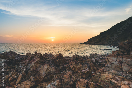 Seascape with rock in beautiful sunset in Khao Laem Ya, Thailand.