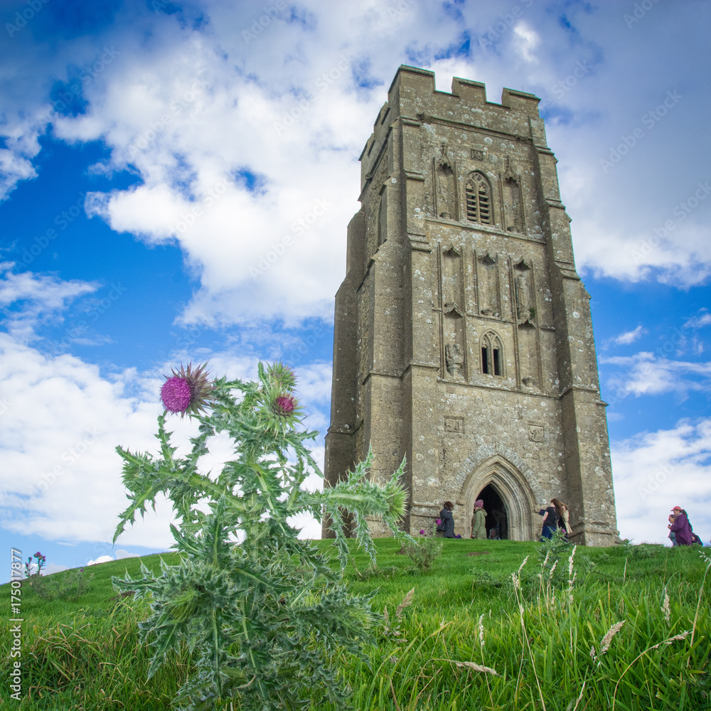 The medieval church tower on Glastonbury Tor, England.