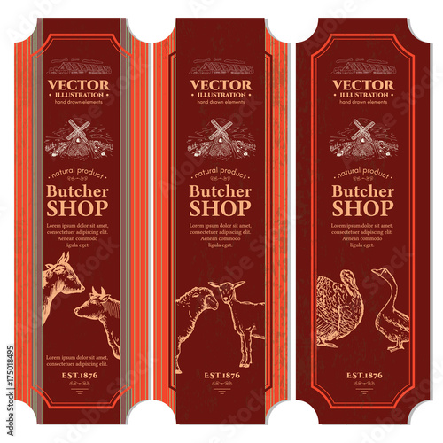Butcher shop packaging design label fresh beef, lamb, goose, turkey, butchery vintage hand drawn vector