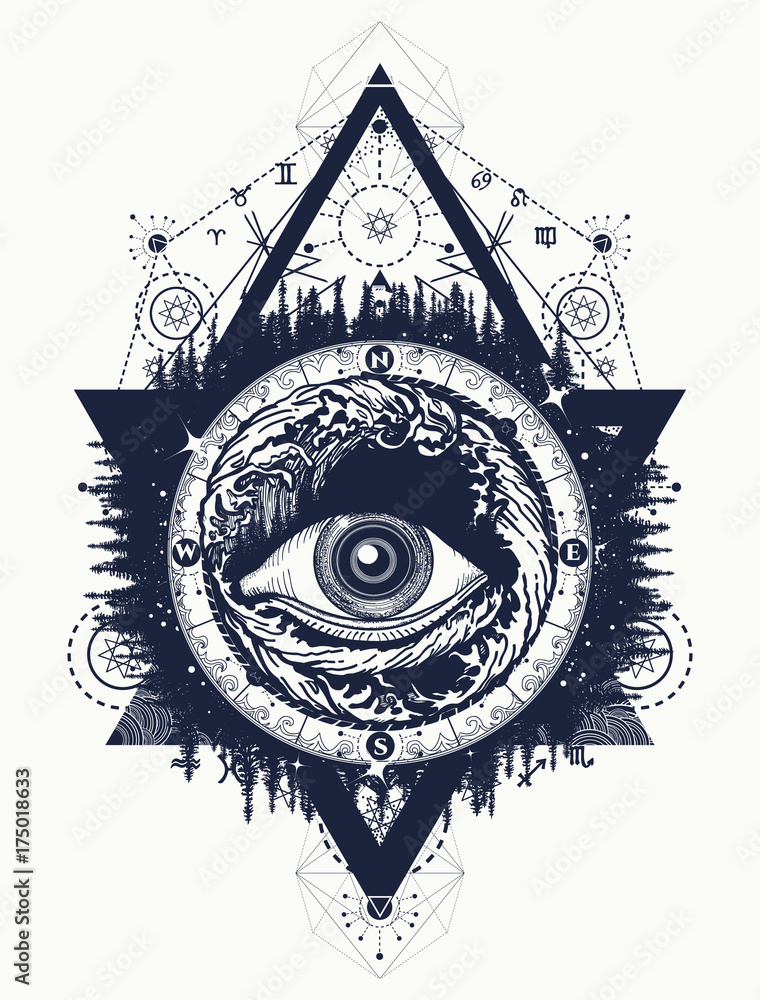 Image Details IST_11112_01978 - All Seeing Eye in Pyramid drawn in Tattoo  style. Freeason Esoteric Symbol isolated on white. Vector illustration.