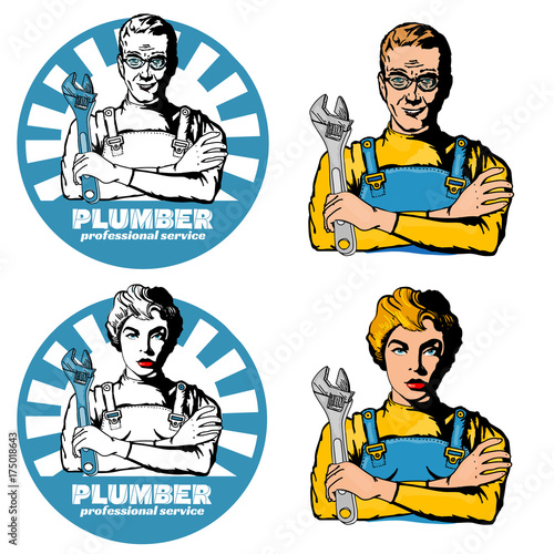 Professional plumber collection pop art professional plumber plumbing repair service different tools and accessories vector illustration