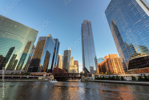 Chicago City. Chicago downtown and Chicago River with bridges during sunset.
