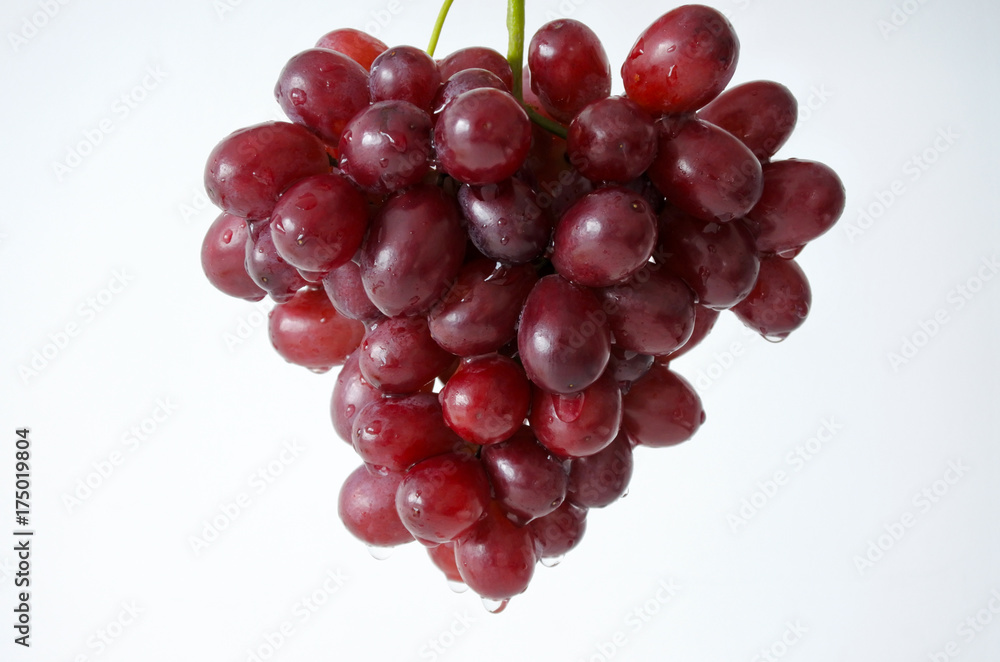 Cluster of red grapes on white background