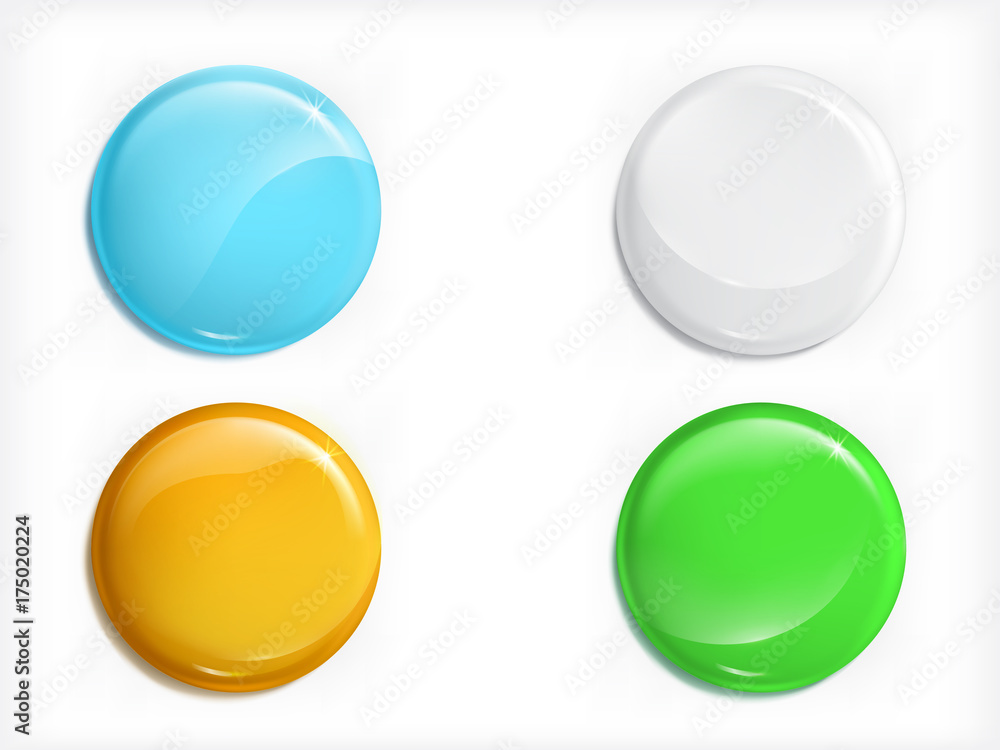 Set of colorful glossy blank round magnet buttons or icons with shadows realistic vector isolated on white background. Clear with shiny reflection graphic element for web design, special offer ad Set of colorful glossy blank round magnet buttons or icons with shadows realistic vector isolated on white background. Clear with shiny reflection graphic element for web design, special offer ad