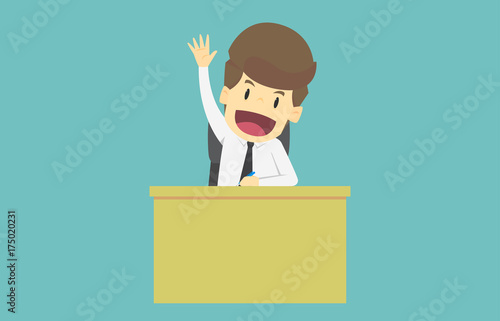 Businessman waving in front of his working place.Cartoon of business success is the concept of the man characters business, the mood of people, can be used as a background, banner.vector illustration