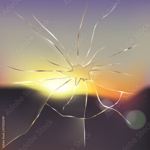Broken window with blurred sunset or sunrise scene outside and light rays passing through cracked glass realistic vector illustration. Destroying obstacles, breaking limitations, new vision concept