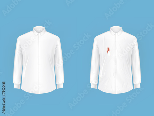 Pare of crumpled, contaminated with wine, blood or ketchup stain and ironed, clean white shirts realistic vector. Clothing before, after washing, stain removal concept for landry, dry-cleaning ad