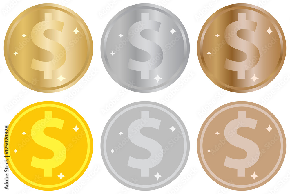 A set of coins, gold, silver or bronze coins A set of coins, gold, silver or bronze coins