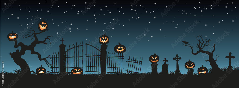 Fototapeta premium Holiday Halloween. Black silhouettes of pumpkins on the cemetery on night sky background. Graveyard and broken trees