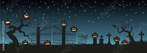 Holiday Halloween. Black silhouettes of pumpkins on the cemetery on night sky background. Graveyard and broken trees