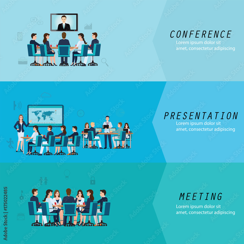 Three horizontal vectors set with business meeting.