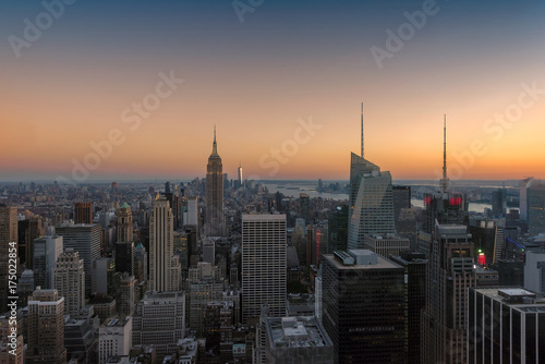 New York City skyline at sunset.