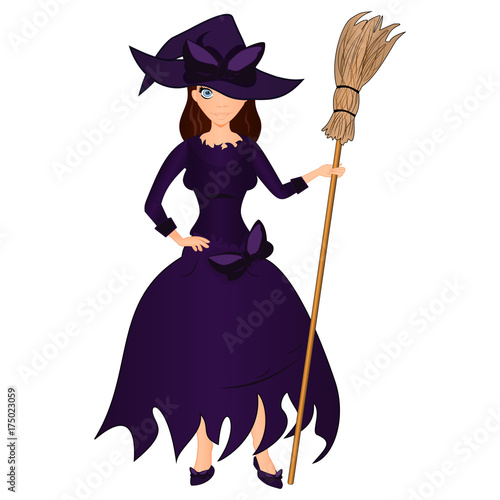 Halloween holiday. Cute girl witch with a broom