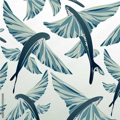 Wallpaper Mural Pattern in the marine style (flying fish)