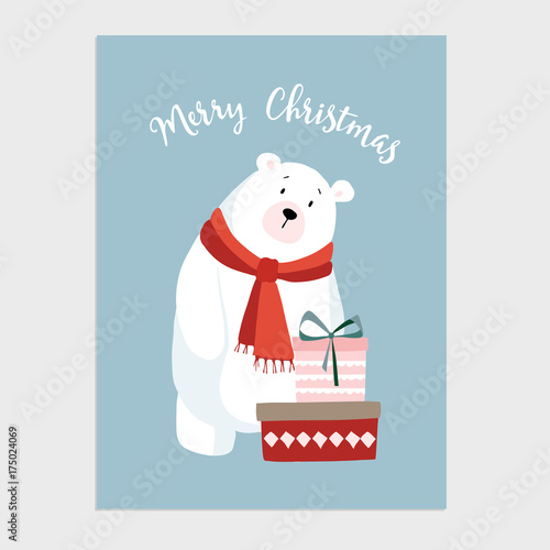 Cute Christmas card, invitation with hand drawn polar bear with knitted scarf and gift boxes with ribbons. Vector illustration background.