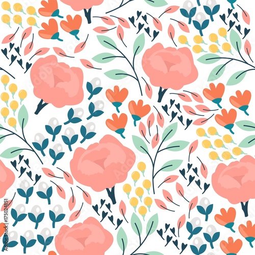 Seamless vector pattern with cute flowers. Hello, spring!