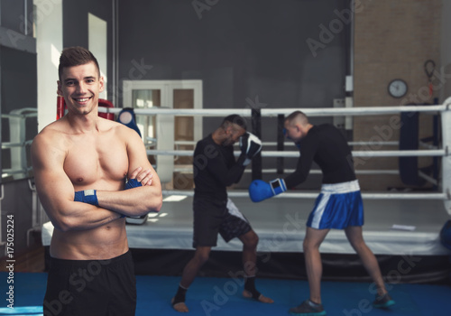 Male boxers. Taking a box in the gym. Male kind of relaxation. Sports training.