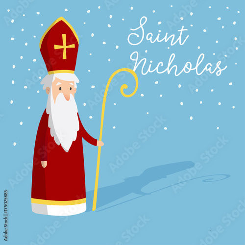 Cute greeting card with Saint Nicholas with mitre and pastoral staff. European winter tradition. Hand drawn design, vector illustration background with falling snow. photo