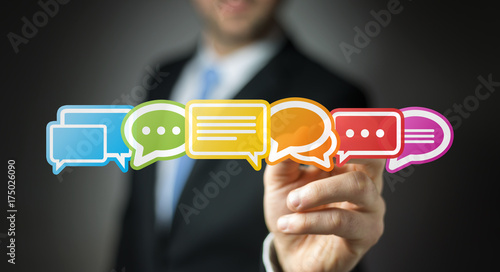 Businessman using colorful flat conversation icons 3D rendering