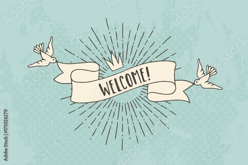 Vintage banner with birds and sunburst saying "welcome!"