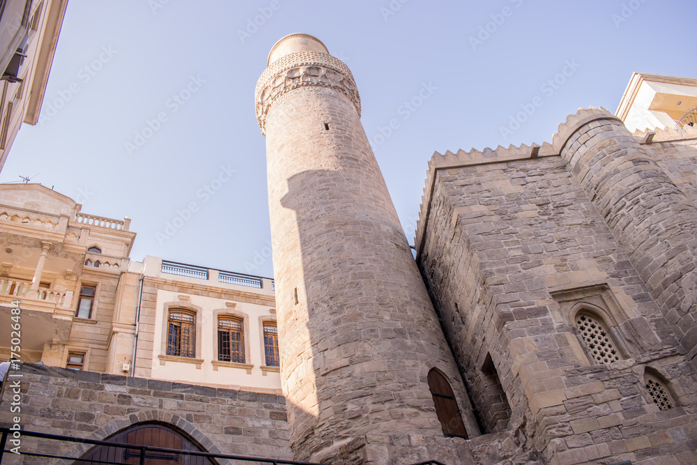 Minaret of Muhammad Mosque in Old city, Icheri Sheher is the historical core of Baku. Baku, Azerbaijan - September 20, 2017