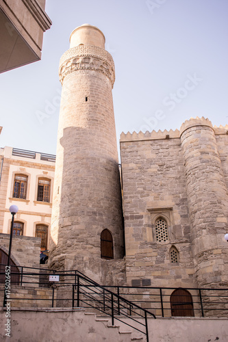 Minaret of Muhammad Mosque in Old city, Icheri Sheher is the historical core of Baku. Baku, Azerbaijan - September 20, 2017