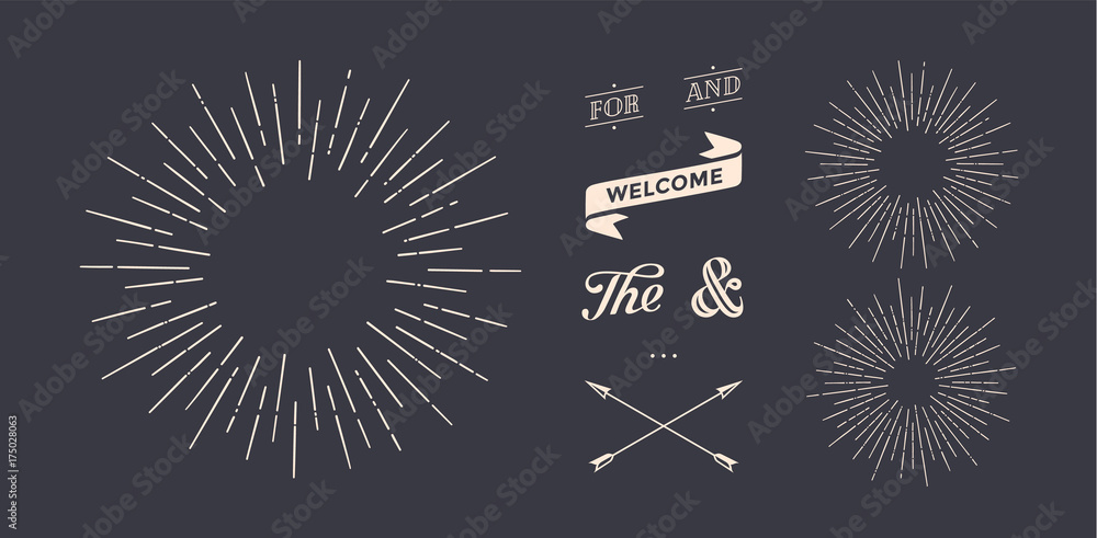 Set of light rays, sunburst and rays of sun. Design elements, linear drawing, vintage hipster style. Light rays sunburst, arrow, ribbon, and, for, the and ampersand. Vector Illustration