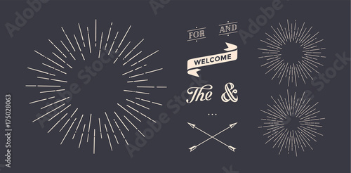 Set of light rays, sunburst and rays of sun. Design elements, linear drawing, vintage hipster style. Light rays sunburst, arrow, ribbon, and, for, the and ampersand. Vector Illustration
