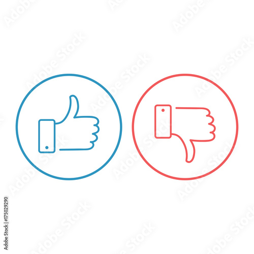 Like and dislike icons set. Thumbs up and thumbs down. Modern graphic elements for web banners, web sites, printed materials, infographics. Vector round thin line icons isolated on white background.