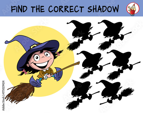 Cute little witch girl with bows flying on a broomstick. Find the correct shadow. Educational matching game for children. Cartoon vector illustration