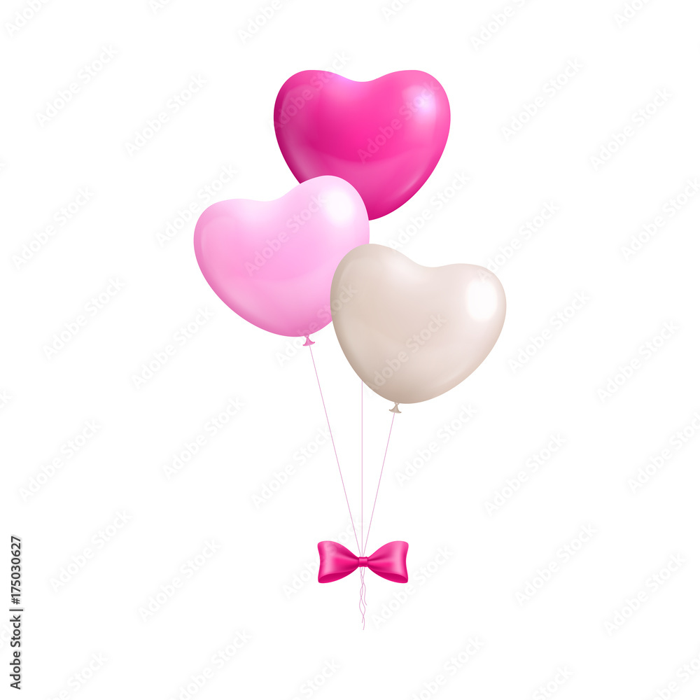 Bundle balloons form hearts bow isolated. A bundle of pink and white balloons with a bow isolated on white background. Bunch of balls in the form of a vector illustration