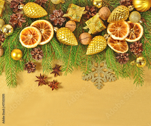 Dried oranges and cones, Christmas decorations and spruse branch © sss615