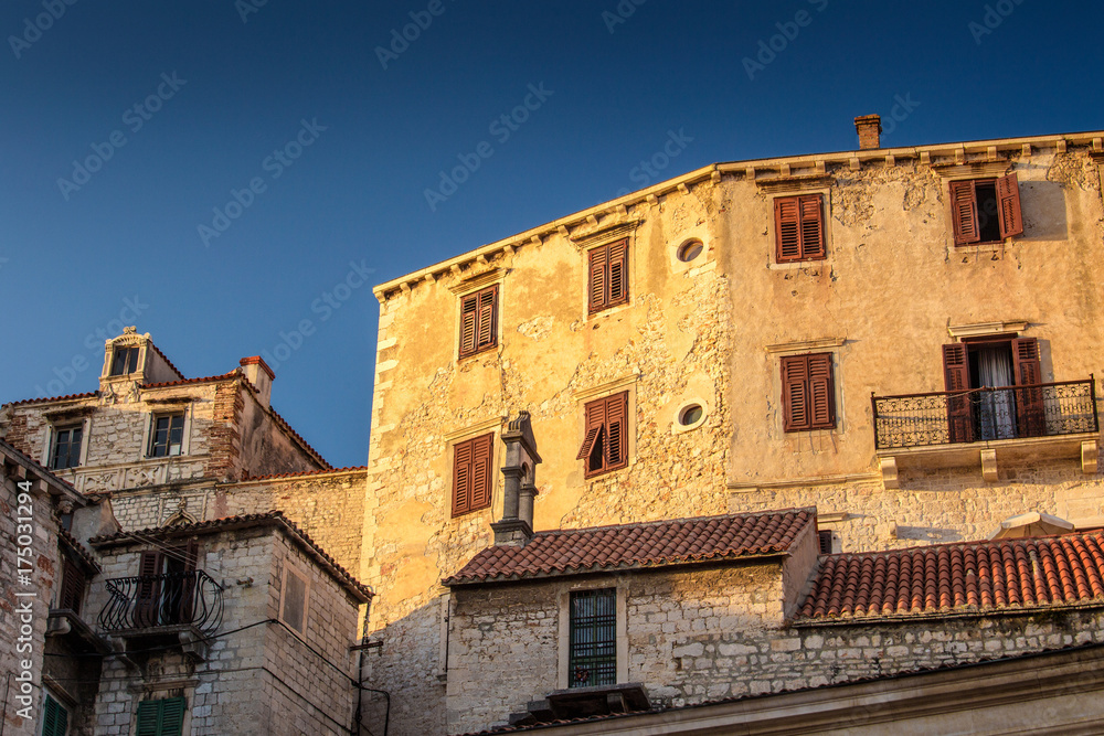 Ancient buildings of historic center of the Croatian town of Sibenik at the Mediterranean Sea, Europe.